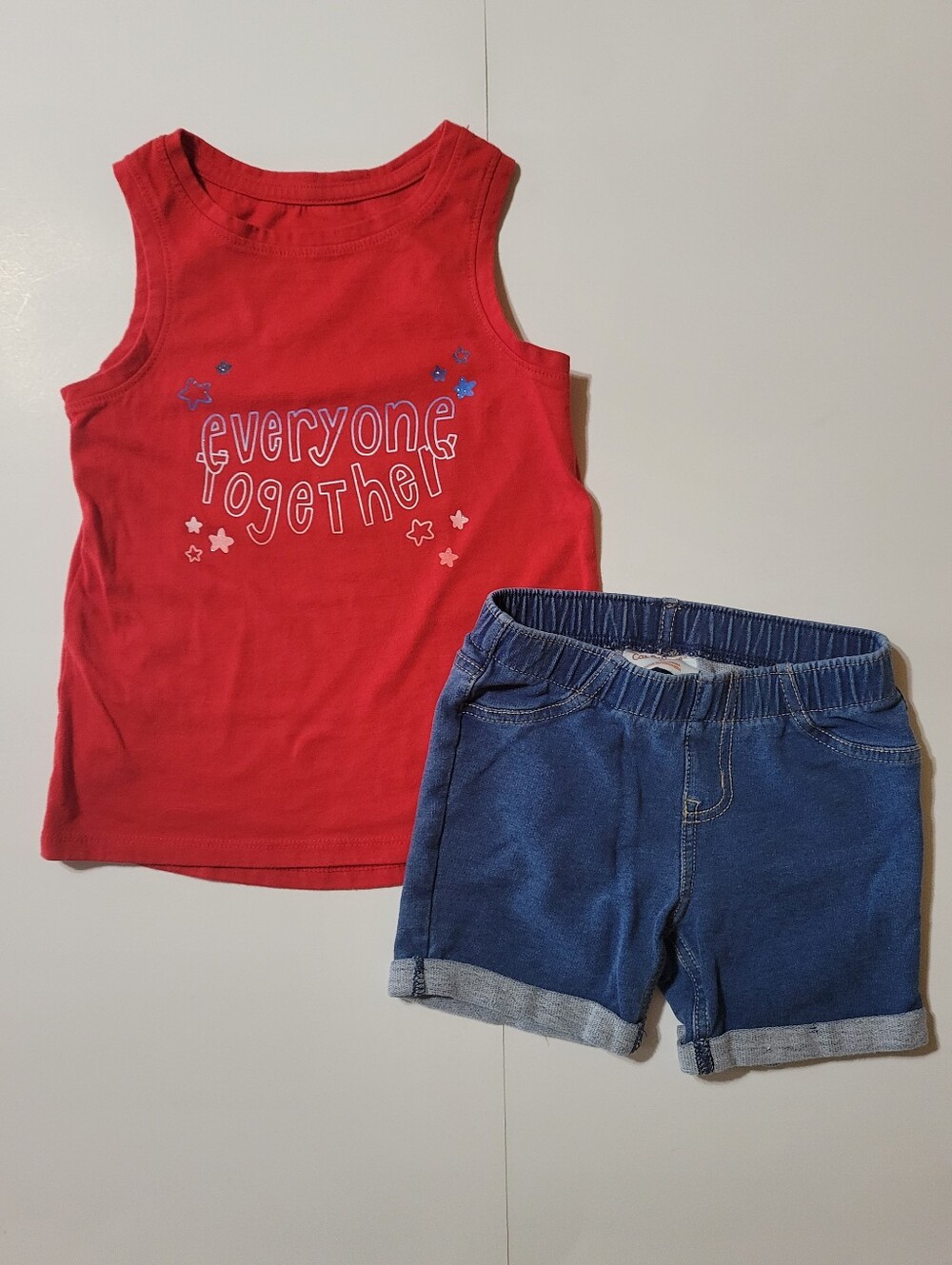 Cat & Jack Toddler Girls 2 Piece Outfit Size 4T Red Tank Top & Denim Shorts Set